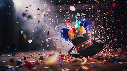 Carnival celebration in lanes, Colorful clown cap and confetti on obscured foundation - obrazy, fototapety, plakaty