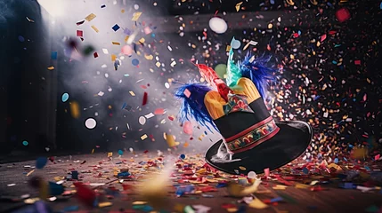 Rolgordijnen Carnival celebration in lanes, Colorful clown cap and confetti on obscured foundation © Khalida