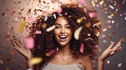 Carnaval party. Brazilian wavy hair lady in outfit blowing confetti - obrazy, fototapety, plakaty