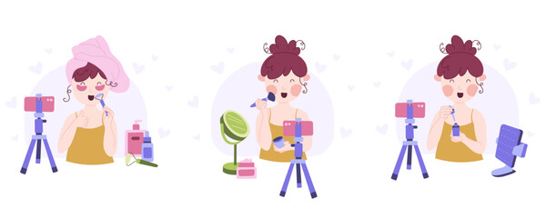 Beauty blogging concepts collection. Recording makeup tutorial video and cosmetics review. Set of vector cartoon flat illustrations.