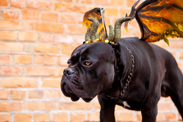 Black Cane Corso dog in a dragon costume with wings and horns on the background of a brick wall....