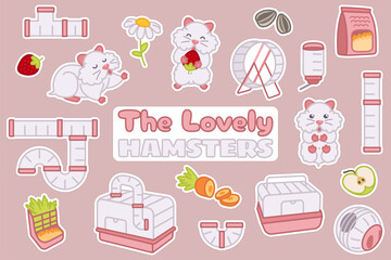 Set of items and food for hamsters. Cages, feed, toys and other equipment. Rodent stuff collection. Cute cartoon doodle illustrations.