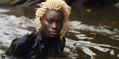 dark skin model with blonde hair in water