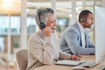 Computer, smile and an elderly woman in a call center for customer service, support or assistance...
