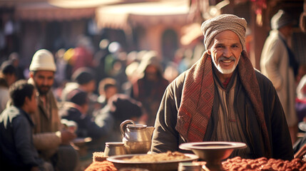 candid shot of a crowded marketplace in Marrakesh - obrazy, fototapety, plakaty