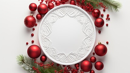 Christmas enrichments are laid out within the shape of a circle on a white confined foundation
