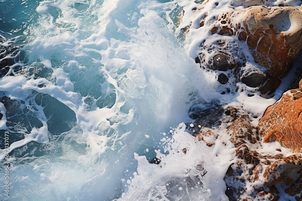 Poster Waves crashing against a rocky shore, leaving behind a delicate layer of sea foam that adds to the natural beauty of the scene