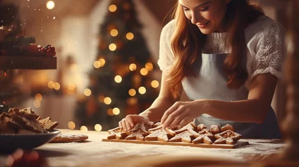 Foto op Canvas Christmas and New Year celebration conventions. Family domestic pastry shop, cooking conventional merry desserts. Lady cutting treats of crude gingerbread mixture © Khalida