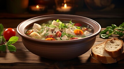 Chicken filet vegetable soup in bowl on wooden rural table.