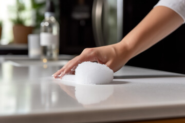  A sponge wiping away stubborn stains on a kitchen counter using a cleaning foam, ensuring a sanitary cooking space - obrazy, fototapety, plakaty