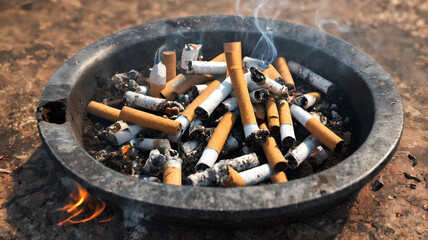Cigarette butts in an ashtray, Generative AI. - obrazy, fototapety, plakaty