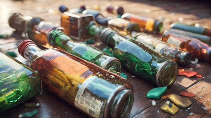 Empty alcohol bottles on the ground: A sobering reality. Generative AI. - obrazy, fototapety, plakaty