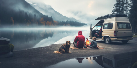 young couple with dogs in a camping van