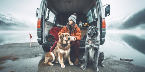 young couple with dogs in a camping van