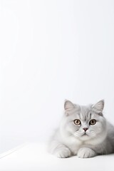 a cute cat is lying down on a white background
