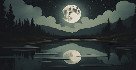 illustrazione di paesaggio notturno con grande luna piena che si riflette nelle acque calme di uno stagno - obrazy, fototapety, plakaty