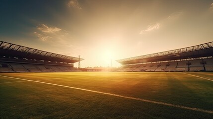 Football ground at sunset with warm colors and a sense of nostalgia, artistic depiction capturing...
