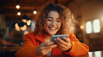 Advanced cheerful youthful fashionable person lady in smart glasses in a in vogue sewn sweater lies on orange takes off within the stop and makes a selfie on a phone. in vogue lovely young