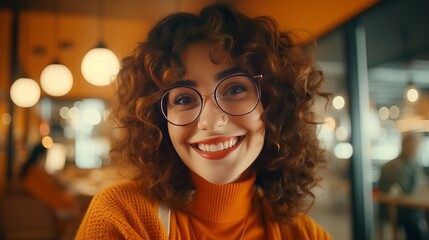 Advanced cheerful youthful fashionable person lady in smart glasses in a in vogue sewn sweater lies on orange takes off within the stop and makes a selfie on a phone. in vogue lovely young