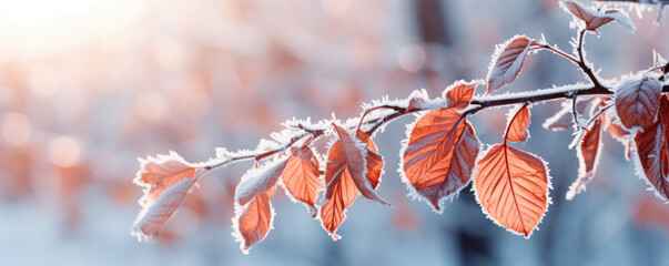 Beautiful branch with orange and yellow leaves in the forest covered with first snow. Autumn winter background - Powered by Adobe