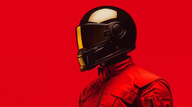 futuristic astronaut potrait in space suit with black helmet on red background