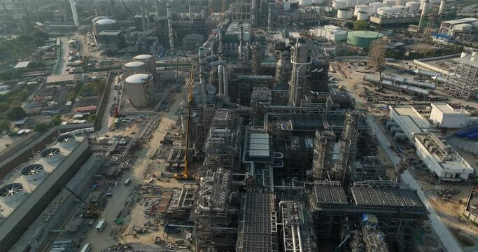 industrial plant construction project, crude oil and gas refinery, new construction site, aerial view,
4k video