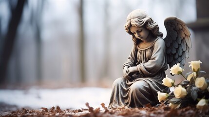 Fototapeta na wymiar sad angel statue at the cemetery with copy space for text, funeral concept