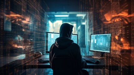 Hacking malware and data security concept. Hacker using laptop with binary code digital interface. Double exposure - obrazy, fototapety, plakaty