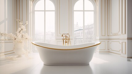 Luxury bathroom interior with a white bathtub