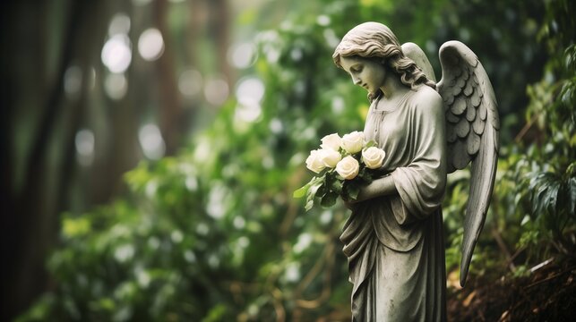 Angel statue at the cemetery with white flowers, copy space for text, funeral concept
