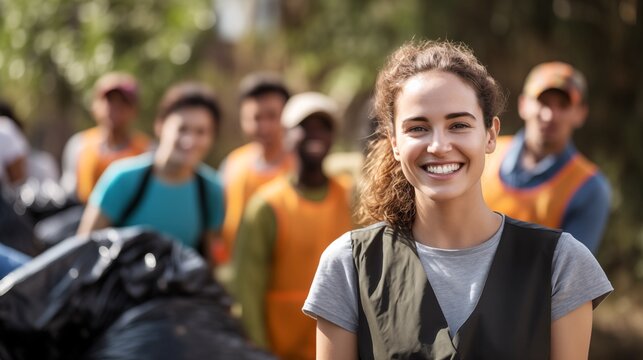 team of young volunteer worker group cleaning up garbage and waste outdoor