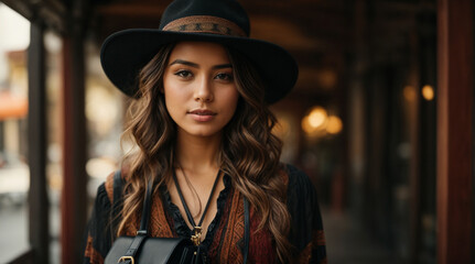 A portrait of attractive young woman wearing bohemian style dress and a black fedora hat, carrying black crossbody purse - obrazy, fototapety, plakaty