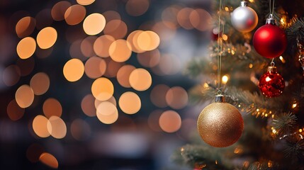 Festive Christmas tree decorated with colorful baubles and sparkling lights in a cozy living room