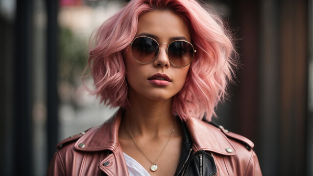 A portrait of attractive young woman with pink hair holding a leather jacket over her shoulder, wearing sunglasses and pink lipstick