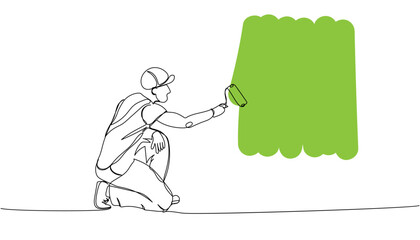 Wall painting, painter paints wall, holds paint tray, roller leaves a trace, worker in uniform one line art. Continuous line color drawing of repair, professional.