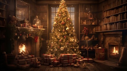 Fototapeta na wymiar Christmas celebration: illuminated tree, festive decorations, and wrapped gifts creating a warm holiday atmosphere