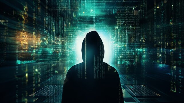 Hacking malware and data security concept. Hacker with not identifiable face with binary code digital interface. Double exposure