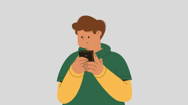 cartoon animation of a man using a smartphone. a man who is utilizing and using sophisticated technology