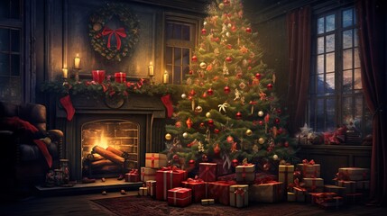 Holiday season atmosphere with illuminated Christmas tree, gifts, and festive decorations for a warm and cozy celebration