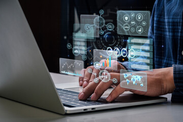 Illustration of a businessman analyzing a large data set. Concepts, indicators, performance measurement. Various features of the organization