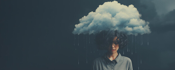 
a rain cloud high above a person's head. dark blue background. depression concept.copy space - obrazy, fototapety, plakaty