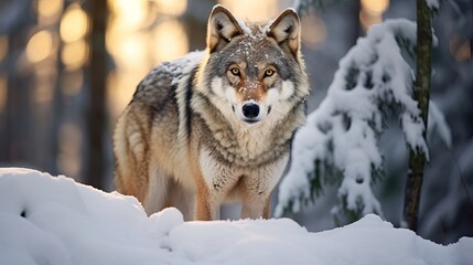 Naklejka premium Eurasian wolf in white winter territory wonderful winter timberland