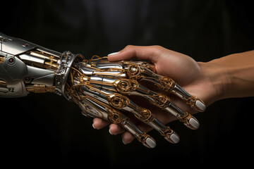 Photo of a human hand holding a robotic hand, symbolizing the connection between humans and technology
