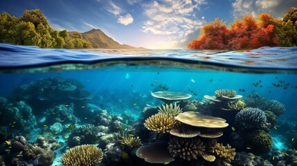 Fototapeta na wymiar Coral reefs underneath the surface of an island