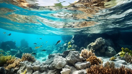 Naklejka na ściany i meble Coral reefs underneath the surface of an island
