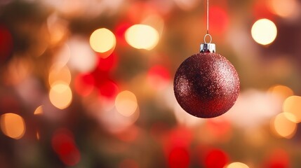 Festive Christmas tree with colorful ornaments and sparkling bokeh lights on a red background