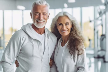 Foto auf Acrylglas Fitness senior woman man exercise gym fitness couple sport healthy elderly health training active happy portrait old fit mature female adult workout body vitality