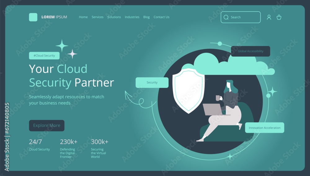 Poster landing page template. cloud database security. digital cybersecurity. protect system innovation. an
