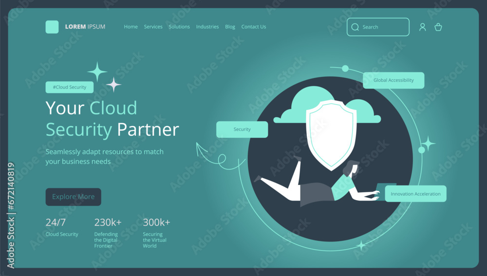 Poster landing page template. cloud database security. digital cybersecurity. protect system innovation. an