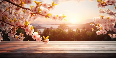 Sakura splendor with empty wooden table. Capturing ethereal beauty of spring blossoms in japan. Cherry blossom elegance. Exploring delicate flora of in japanese gardens